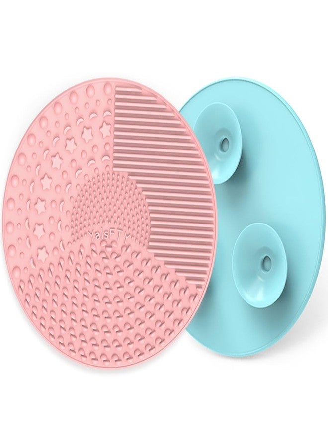 YalsFTY Silicone Makeup Brush Cleaning Mats with Suction Cups, Set of 2, Portable for Travel, Makeup Brush Cleaner Pads, For All Brush Types (Pink and Blue) - Image 1